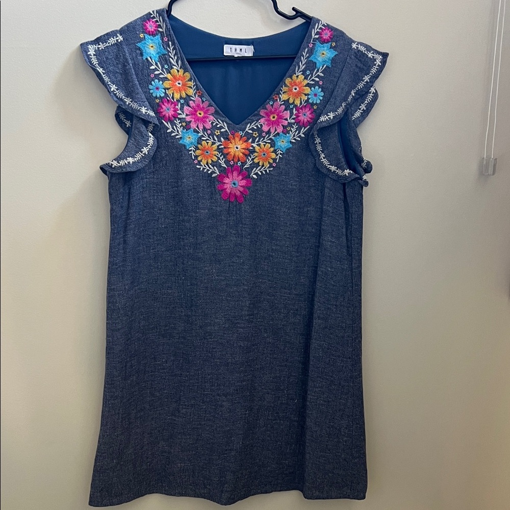 THML Dark Blue Blouse with Vibrant Floral Embroidery